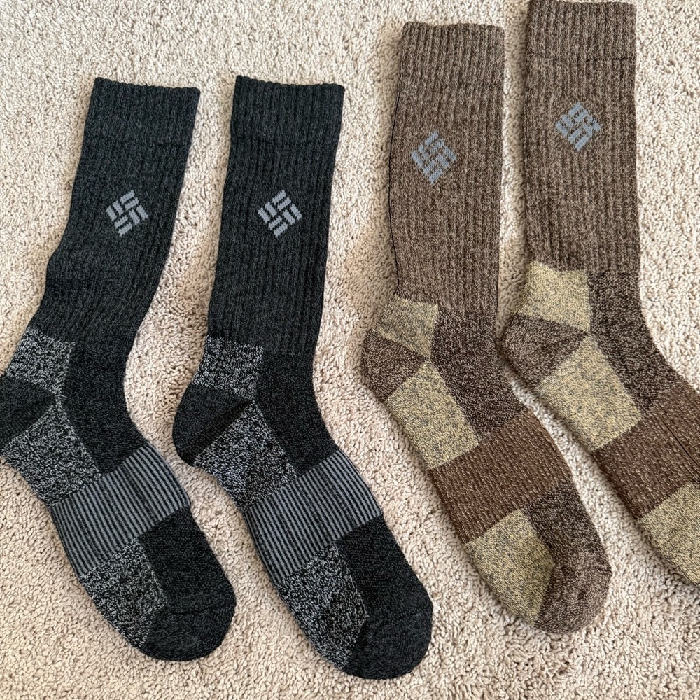 2 Pairs Columbia Men's Thermal Winter Hiking Crew Socks Black Brown Size 6-12